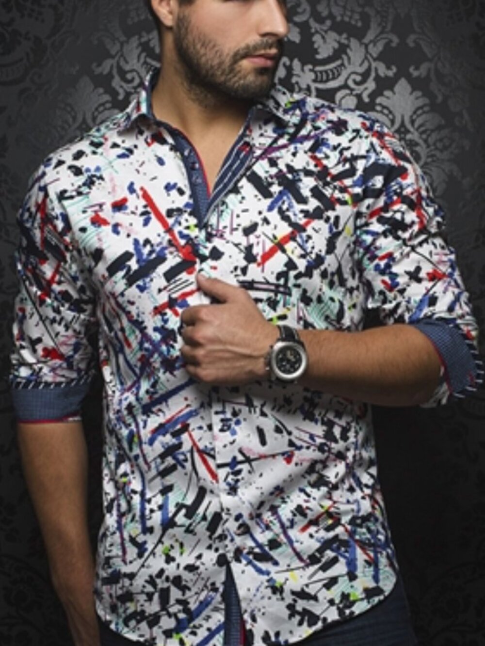 Au Noir Men's Shirt XL Ozzy White Navy Colorful Abstract Pattern Unique Rare